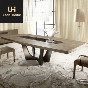 Mesa de comedor rectangular de lujo moderna de nuevo diseño en cuero estampado de armadillo con inserto superior de mármol emperador oscuro - Product Image 4