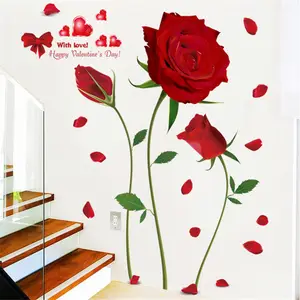 Beautiful Red Rose Wall Sticker Romantic Valentine's Day Home Decoration Wallpaper Living Room Bedroom Self Adhesive Stickers