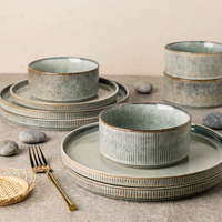 EKA Ensemble de vaisselle en céramique moderne 12 pièces, glaçure réactive, OEM/ODM, ensemble de plats et de bols, vaisselle en grès de luxe