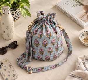 Floral <b>Drawstring</b> <b>Bag</b> Small Simple Style Cotton Textile Crossbody <b>Bag</b> Adjustable Strap Lightweight for Daily Life Multi-Purpose - Product Image 3