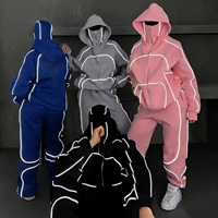 Setelan 2 Potong Hoodie dan Celana Panjang Kasual Wanita OEM, Bahan Katun Tebal Custom dengan Jahitan Lengkung Reflektif dan Ritsleting Penuh