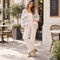 Cardigan rayé personnalisé pour femme, col en V, color block, surdimensionné, boutonné, tricoté, décontracté, OEM ODM, faible MOQ