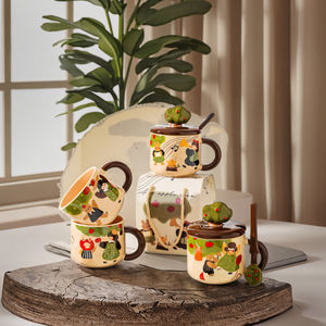 Taza de Cerámica Hecha a Mano con Diseño de Árbol de Manzana, con Tapa y Cuchara, de Alta Calidad, Reutilizable, en Caja de Regalo, para Café y <span class=keywords><strong>Desayuno</strong></span> - Product Image 2