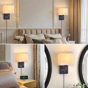 Applique murale intérieure avec abat-jour en tissu, lampes de chevet avec interrupteurs, lampe murale USB pour hôtel, lampe de lecture, applique murale carrée en tissu - Product Image 2
