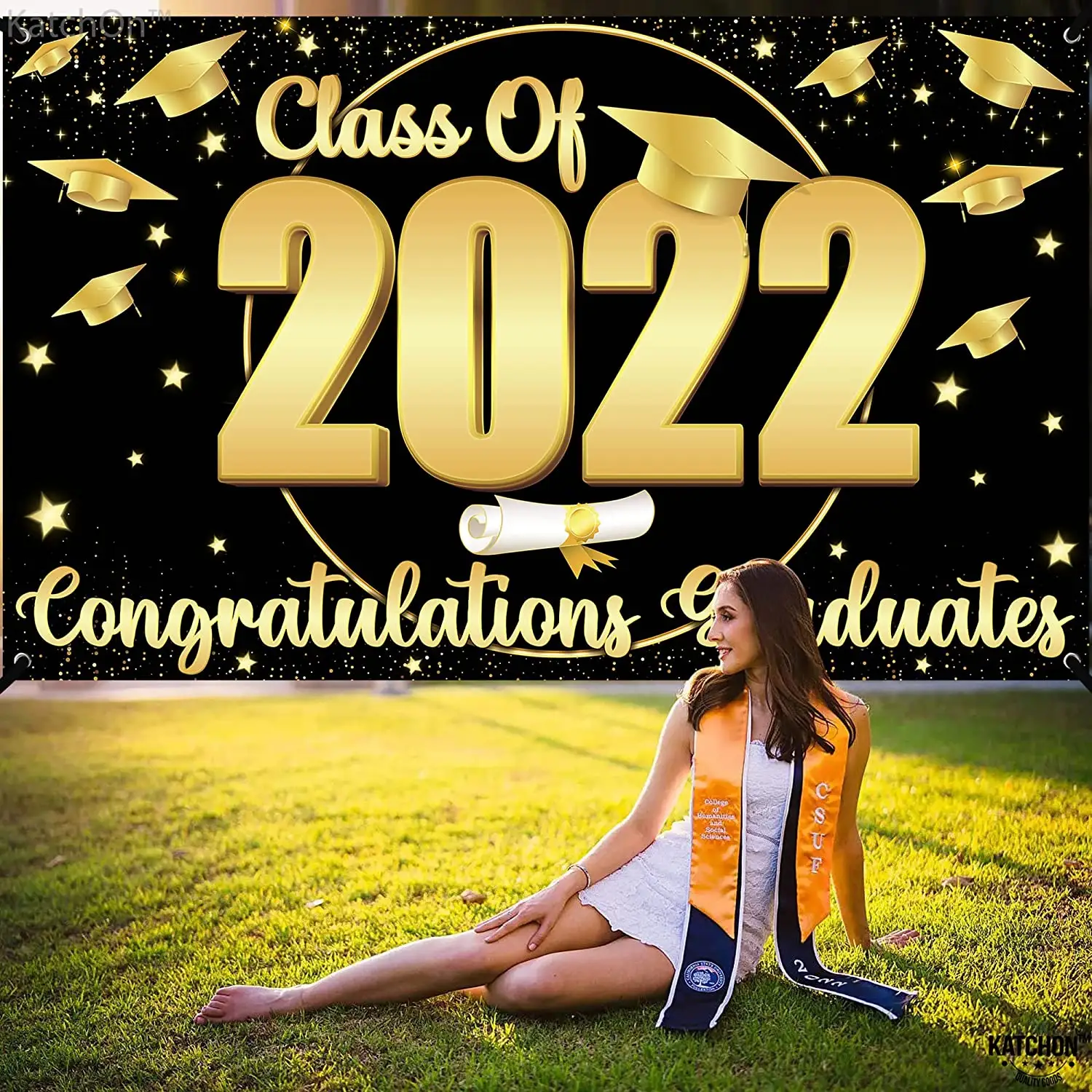 2022黒と金のプラスチック卒業パーティーの装飾卒業背景バナー