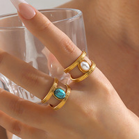 Bague tendance en acier inoxydable, style européen et américain, simple et élégante, avec turquoise bleue et perle ovale personnalisée, passe-partout