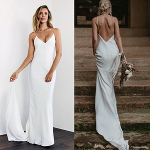 <b>Spaghetti</b> <b>Strap</b> V Neck Backless Sheath Wedding Dress White Crepe Fishtail Long Gown For Women - Product Image 1