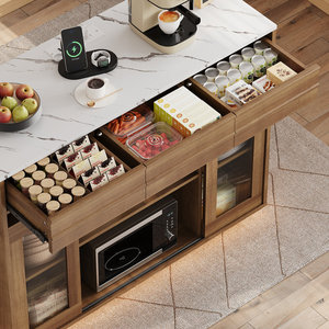 Îlot de cuisine moderne SENYU en bois avec plateau en marbre, rangement multifonctionnel et station à café intégrée - Product Image 3