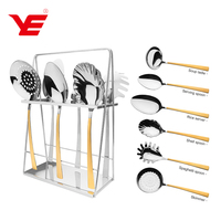 OEM Ensemble de 7 pièces en acier inoxydable 201 robuste #   Ensemble d'ustensiles de cuisine avec support doré effet miroir, incluant louche et cuillère à spaghetti