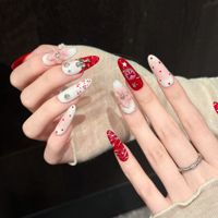 Faux Ongles Longs Ovales Faits Main à Coller, Rouge Blanc Rose, Nœud, Fleur 3D, Croix Argentée, Étoile, Classiques Brillants, Lot de 10 Faux Ongles