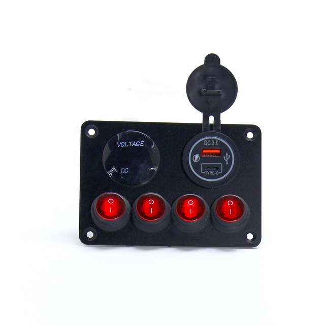 4-Color Red LED 12V Power Panel: 4 Switches, QC3.0 USB-C & Voltmeter Plug-and-Play