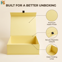 Boîte rigide en carton jaune pliable avec logo personnalisé en relief, laminage mat, recyclable, vide, pour cadeaux, avec fermeture magnétique