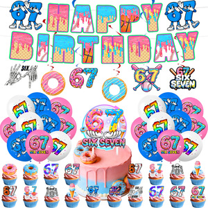 Décorations de fête sur le thème des Donuts 67, bannière chiffres six et sept, décorations de gâteau, toile de fond, ballons, fournitures pour la célébration du 1er <span class=keywords><strong>anniversaire</strong></span> d'un tout-petit - Product Image 1