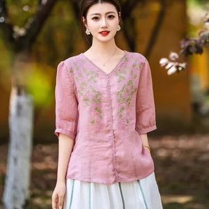 Women's V-neck Cotton Linen Blouse Pink Embroidered Mid-sleeve <b>Top</b> Vintage Style Everyday Wear - Product Image 1