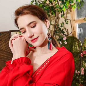 2024 Bohemian dân tộc màu vàng chuỗi tua dangle Bông tai dài lông tiệc cưới hợp thời trang hoàn hảo hợp kim cô dâu Quà Tặng - Product Image 2