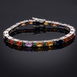 925 Sterling <b>Silver</b> Classic Multi Sapphire Oval Gemstone Tennis <b>Bracelet</b> Handmade Fine Wedding Jewelry Gift Party Unisex - Product Image 2