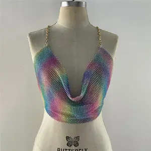 Dames Polychrome Kleur Strass Feestvest Tops Metallic Mode Crop Top