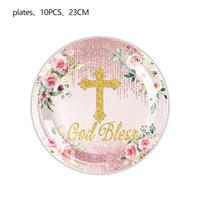 Packs de vaisselle jetable sur le thème du baptême du bébé, assiettes en papier de 7 pouces, gobelets, serviettes, fleurs roses, fête d'anniversaire, fête de naissance