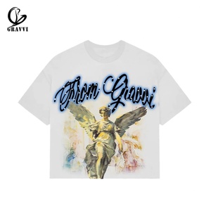 T-shirts pour hommes GRAVVI Angel Graphic 100% coton Hip Hop surdimensionnés à col rond en velours à manches courtes Streetwear - Product Image 1