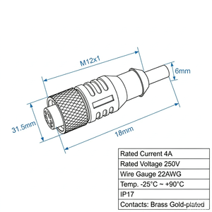 Connecteur de capteur de câble injecté étanche IP67 M12 3 broches 4 broches femelle mâle droit ou coudé à 90 degrés - Product Image 2
