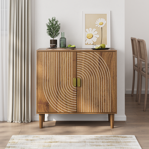 Walnut Wood Buffet Cabinet Line Groove Design <b>Storage</b> Sideboard Accent Cabinet for Living Room - Product Image 3