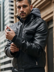 แจ็คเก็ตบอมเบอร์สไตล์เรโทรสำหรับผู้ชาย สีดำมีฮู้ด ปรับสายรูดได้ ซิปหลายช่อง - Product Image 6