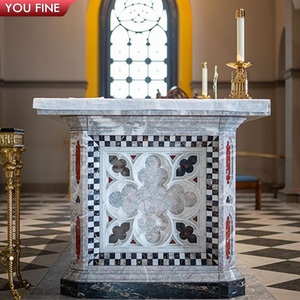 Altare in Marmo Bianco e Rosso Venato YOUFINE, Tavolo Altare per Chiesa Intagliato a Mano con Rilievo dell'Ultima Cena, Colonna Corinzia per Cappella - Product Image 2