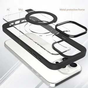 Hybrid Magnets PC TPU Acrylic With Bracket Back Airbag Protective Anti-Scratch Phone Case Cover For IPhone 15 Pro Max