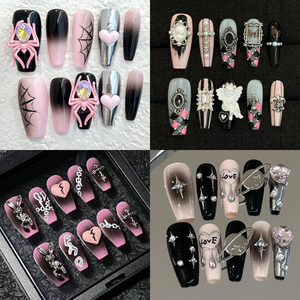 <span class=keywords><strong>Faux</strong></span> <span class=keywords><strong>ongles</strong></span> à presser gothiques punk rouge et noir, motif papillon, avec autocollants de fête Y2K, yeux et chaîne métallique, faits main - Product Image 6