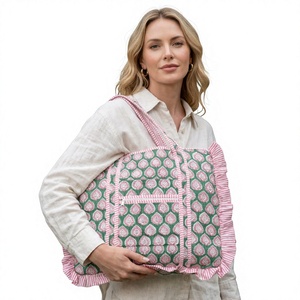 Sac fourre-tout en coton brodé rose et vert avec volants, fermeture éclair, style bohème, usage quotidien - Product Image 1