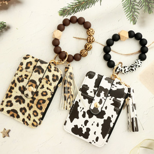 Borsa per carte con stampa leopardata portafoglio in pelle PU portachiavi da donna in legno con perline in Silicone bracciale con cerniera portachiavi a portafoglio - Product Image 1