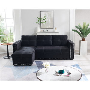 Sofá eccional con cama extraíble, sofá de <span class=keywords><strong>2</strong></span> asientos y chaise reversible con almacenamiento, ambas manos con clavo de cobre, BLCK - Product Image 4