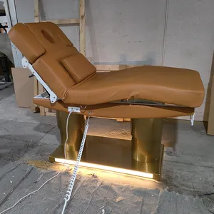 Luxury Salon Spa Gold Base Eyelash Extensions Adjustable Facial Beauty Bed Electric Massage Tables With LED Light