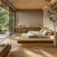 Lit plateforme tatami sur mesure, style bio-moderne, avec armoire en chêne et bureau d'angle pour villa ensoleillée