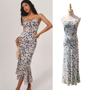 Robe mi-longue en soie tissée pour femme, style bandeau, motif floral Gentian, taille naturelle, idéale pour les vacances à la plage - Product Image 1