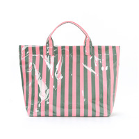 Tas Tote PVC Wanita Motif Garis Grosir, Lapisan Poliester Tahan Air, Tas Selempang Terbuka, Kapasitas Besar, Detail Bordir, Untuk Penggunaan Sehari-hari
