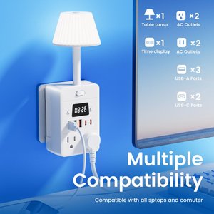 ตัวแปลงไฟแบบปรับได้พร้อมไฟ LED ช่องเสียบหลายช่องและพอร์ต USB ป้องกันไฟล้นและกันไฟ ปลั๊กปรับแต่งได้ - Product Image 4