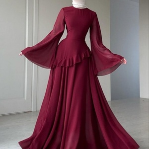 Modest Brown Chiffon Maxi Dress with Flared <b>Bell</b> Sleeves & Ruffle Detail | Elegant Muslim Formal Evening Gown (1115) - Product Image 5