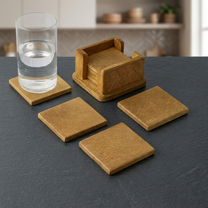 Collection de sous-verres carrés minimalistes en bois de manguier, finition naturelle artisanale, décoration de table moderne, set de dessous-de-plat pour boissons - Product Image 1