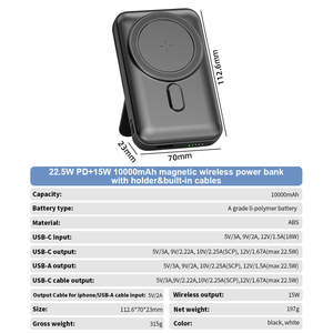 Custom Logo 10000mAh Portable 15W Wireless Charge Power Bank PD 22.5W Fast <b>Charging</b> with 3 <b>Cables</b> Powerbank With Holder - Product Image 5