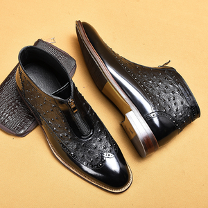 Bottines à bout pointu en cuir verni pour homme, imprimé autruche, fermeture éclair avant, bottes tendance en cuir véritable - Product Image 6
