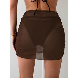 Jupe de bain transparente en maille taille haute pour femme, cache-maillot froncé moulant, mini-jupe de plage, bas de maillot de bain enveloppant - Product Image 2