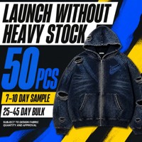 Veste à capuche zippée en jean délavé personnalisé avec déchirures usées et détails en strass bleus – Marques de créateurs streetwear