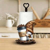 Support pour essuie-tout en papier, motif de gnome café plat 2D, base en bois avec poteau en acrylique pour la décoration de la cuisine, de la table à manger et du comptoir