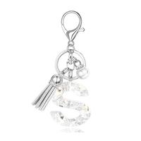 Porte-clés lettre B en cristal transparent avec pompon et perle, porte-clés alphabet brillant, pendentif de sac élégant plaqué argent, cadeau