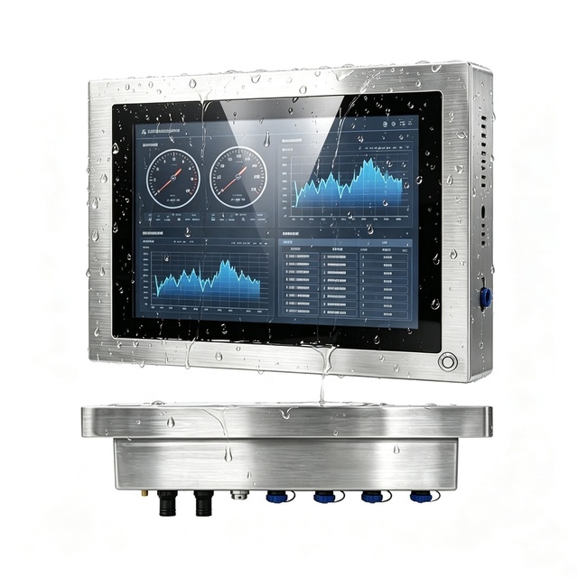 Customized Industrial Touch Panel PC, Rear Mounted Waterproof Aviation Connectors, Fanless HMI for Harsh Industrial Environments