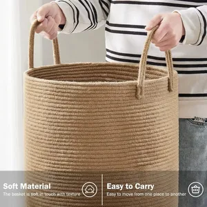 Cotton <b>Rope</b> Laundry <b>Basket</b> Tall Woven Hamper with Handles Foldable Decorative Storage for Clothes Kids' Toys Living Room Bedroom - Product Image 5