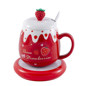 Regalos de Cumpleaños, Tazas de Cerámica con Diseño de Fresa Rosa, 460 ml, 15 oz, para Bebidas Frías, Café, Té, Leche, con Tapa y Cuchara - Product Image 1