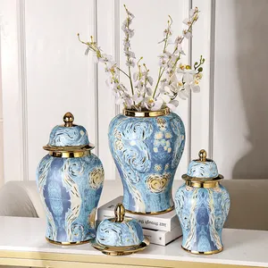 Van Gogh galvani sierte Gold linie Luxus Keramik Ingwer Glas moderne Wohnkultur Vase für Keramik Vase