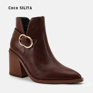 Botines de Mujer Coco SILIYA con Punta Puntiaguda, Tacón Grueso, Hebilla, Forro de Cuero Genuino, Aumento de Altura, Color Sólido - Product Image 1